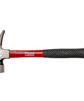 Badass 20 Oz Rip Claw Hammer With Virtually Unbreakable Fiberglass Handle For Hardcore Job Site Demolition And Construction Work Featuring Anti Vibration Grip And Precision Milled Steel Head That Works Like A Charm Every Single Day side view of hammer with red fiberglass handle and steel head