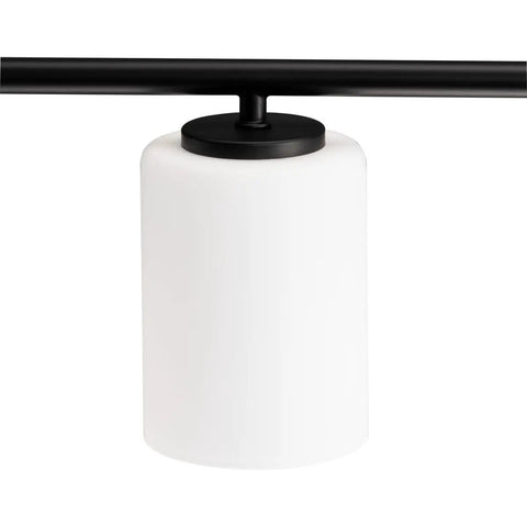 Sleek Four-Light Etched-Glass Bath Vanity Light In Textured Black Finish For Modern Coastal Bathrooms, Offering Bright, Soft Illumination And Boss Vanity Lighting For A Luxe Look