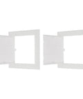 No Sweat Removable Hinged Access Panels 2 Pack Sleek White Abs Wall Hole Covers For Drywall Plumbing And Electrical Wiring Quick Fix Smooth Operation Easy Snap Shut Design showing two panels with hinged access open.