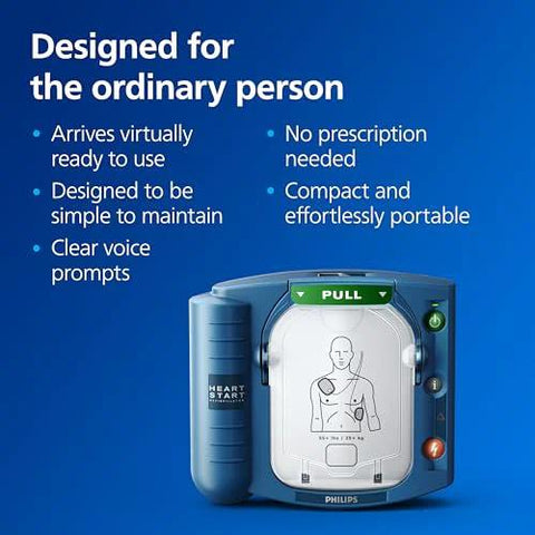 Philips HeartStart Home AED defibrillator in blue portable case with green pull tab.