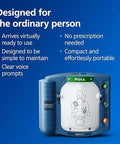 Front view of blue Philips HeartStart OnSite AED with portable emergency medical kit and carry case