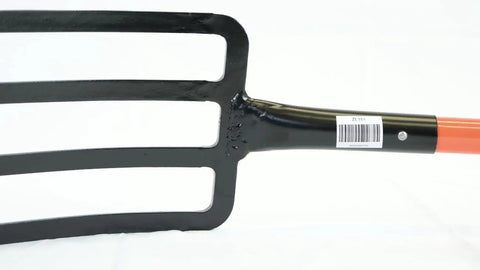 Close-up of Fiberglass D-Grip Four-Tine Spading And Roofing Fork, showing forged steel head and tines, part of tool handle visible