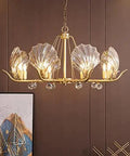 Modern Gold Steel Led Pendant Light Featuring Polished Cyan Crystals Dimmable Round Ceiling Lamp For Living Room sleek fixture with unique shell design.