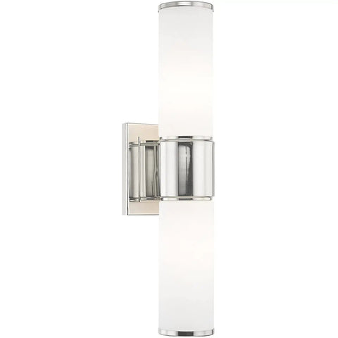 Transitional Two Light Wall Sconce and Bath Light in Polished Nickel Finish From Weston Collection with sleek opal glass shades