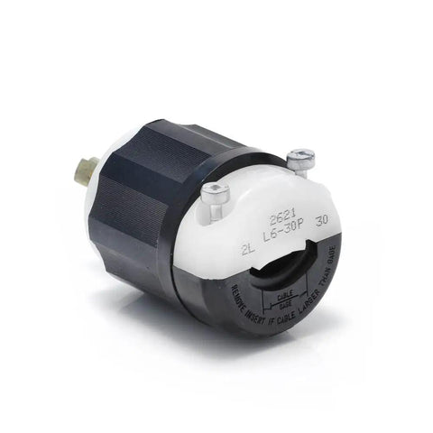 Rugged 30 Amp 250 Volt NEMA L6-30P Locking Plug 2 Pole 3 Wire Industrial Grade Grounding Nylon Body White 2621 Side View