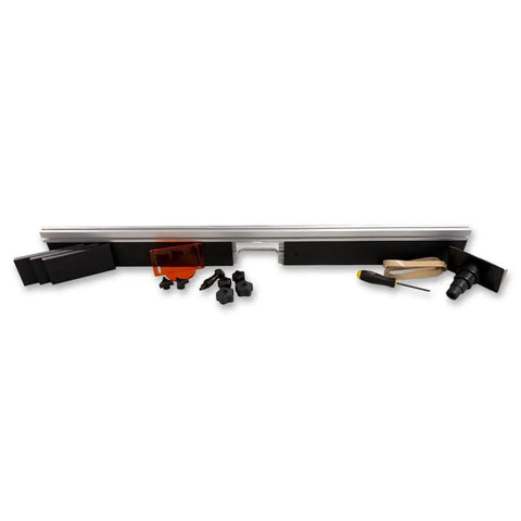 Heavy Duty Solid Aluminum Router Table Fence Four Feet Long Pro Crafted Rock Hard Design with accessories and components visible.