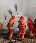 Heavy Duty Tough As Nails Red Fire Extinguisher With Long Handle Fire Mop Whip Pro Grade Emergency Safety Gear in action by firefighters.