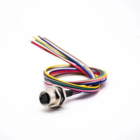 Waterproof M12 8 Pin Sensor Receptacle Connector A Coded Aviation Socket with multicolored wires, straight, shielded.