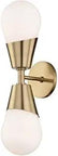 Two Light Wall Sconce In Aged Brass, Contemporary Modern Cora Collection brass finish wall light fixture for living room.