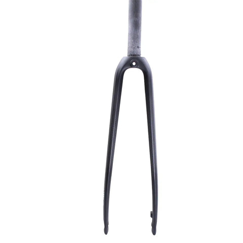 Front view of Carbon Road Bike Fork One One Eighth Inch Straight Steerer 9mm Quick Release Flat Mount Disc Compatible Dual Brake Caliper Support Ultra Lightweight