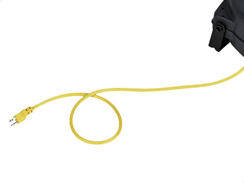 Close-up of Beefy Heavy Duty Retractable Extension Cord Reel, 65 Foot 12 AWG SJT Cable, with yellow cord visible
