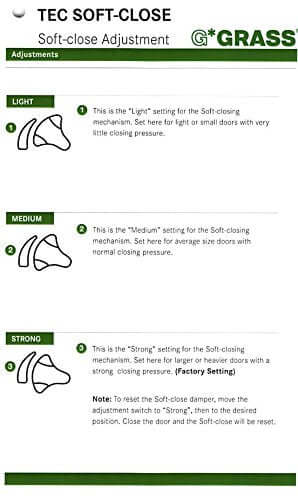 Diagram showing TEC soft-close adjustment settings for Grass cabinet hinges, including Light, Medium, and Strong pressure options.