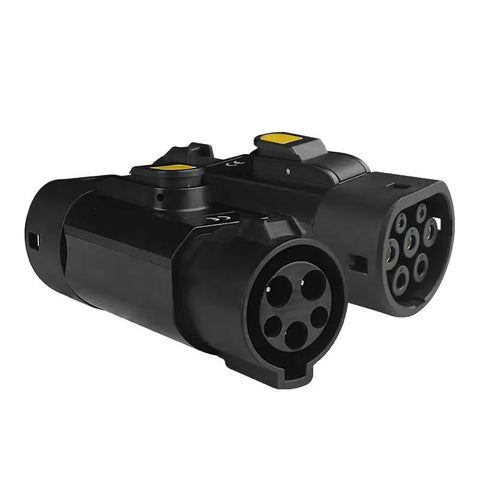 Plug And Play Type 1 To Type 2 EV Charging Adapter J1772 To IEC62196 Supports 32A with black connectors and yellow buttons.