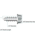 Diagram of Four Pack Stainless Steel License Plate Screws With Slotted Hex Heads For Quick No Fuss Tightening Using Flat Head Driver Or Three Eighths Inch Drive Premium 304 Stainless Fits Most Cars And Trucks With Nylon Retainer Holes showing dimensions and slotted hex head design.
