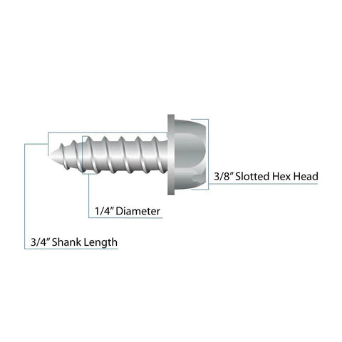 Diagram of Four Pack Stainless Steel License Plate Screws With Slotted Hex Heads For Quick No Fuss Tightening Using Flat Head Driver Or Three Eighths Inch Drive Premium 304 Stainless Fits Most Cars And Trucks With Nylon Retainer Holes showing dimensions and slotted hex head design.