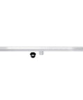 Hella Durable 60 Inch Stainless Steel Linear Shower Drain Featuring Sleek Polished Chrome Surface, showing flat design and connection fittings.