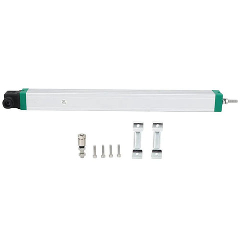 Linear Position Sensor With High Displacement For Injection Molding Machines, Stainless Steel, with installation accessories.