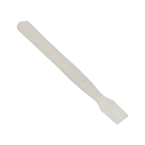 Two Piece Tin Paste Mixing Tablet Clamshell Tool Set, Metal Open Shell Solder Paste Scraper, bright silver finish, flat view.