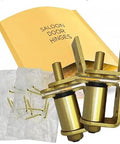 Hella Solid Gravity Double Action Pivot Hinge For Saloon And Cafe Doors Built Tough With Non Hold Open Feature Satin Brass Steel Hardware Two Pack, showing brass hinges and screws.