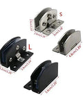 Two Pack No Drilling Heavy Duty Clamp Hinge For Glass Doors And Cabinets Zinc Alloy Durable And Stable, shown in size S and L.