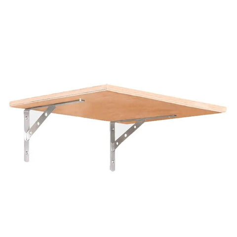 Heavy Duty Stainless Steel L Bracket For Wall Shelves supporting a wooden shelf with pre-drilled holes for wall mounting.