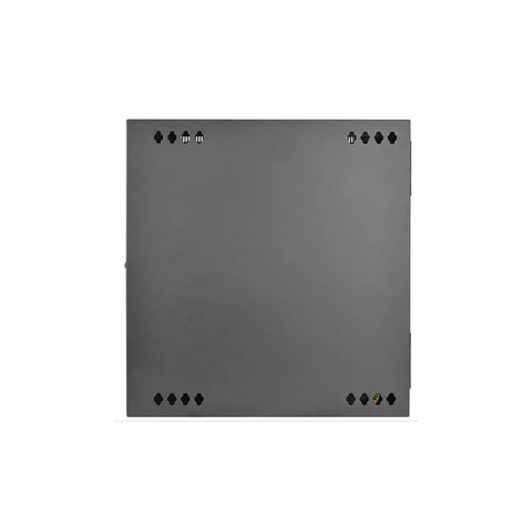 Back view of Badass 12U Wall Mount Server Cabinet Slick Hinged Door 19 Inch Rack Enclosure in black, showcasing ventilation holes.