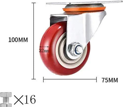 Top Notch Polyurethane Caster Wheels With Locking Brakes Four Pack showing 100mm red wheel, 75mm mounting plate, perfect for furniture use.