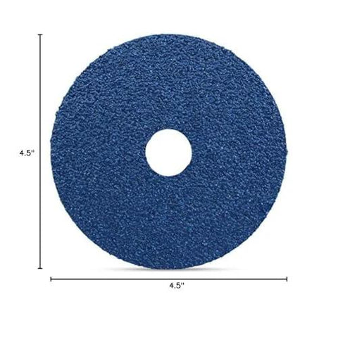 Front view of blue BHA zirconia resin fiber sanding and grinding disc, 4.5 in diameter, 7/8 in arbor, 36 grit