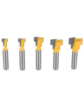 Premium 5 Piece Keyhole Router Bit Set With Hardened Carbide Cutters, showcasing five carbide bits for clean screw slot cuts.