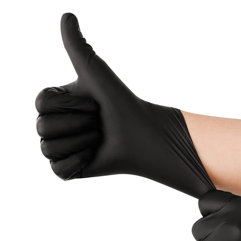 Heavy Duty Black Nitrile Disposable Gloves 100 Count 6 Mil Extra Thick Latex Free Textured Roll Cuff Medical Grade Exam Wear For Garage Hustle And Household Tasks Large Fit Badass Grip shown on hand with thumb up.