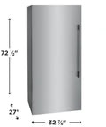 Sleek Smudge Proof Stainless Steel Upright Freezer With 18.9 Cubic Feet Storage and Smooth Glide Out Ice Maker, front view dimensions 72.5 x 27 x 32.875 inches.
