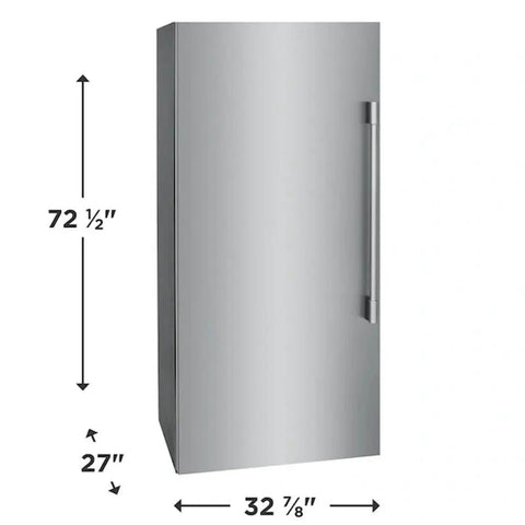 Sleek Smudge Proof Stainless Steel Upright Freezer With 18.9 Cubic Feet Storage and Smooth Glide Out Ice Maker, front view dimensions 72.5 x 27 x 32.875 inches.