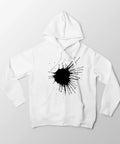 White hoodie with black splatter design using Black Sublimation Transfer Sheets 10 Pack 12 By 12 Inches Solid Color Paper For Heat Press.