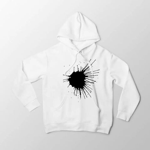 White hoodie with black splatter design using Black Sublimation Transfer Sheets 10 Pack 12 By 12 Inches Solid Color Paper For Heat Press.