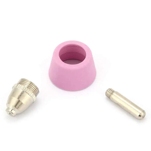 Top Grade 40 Piece Plasma Cutter Consumables Set With Ceramic Cups, Electrodes And Nozzles For Cut60 Lgk60 60 Amp Machines showing pink ceramic cup and electrodes.