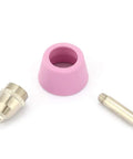 Jiawu Plasma Cutter Consumables Kit With 40 Pieces Electrode Nozzles And Ceramic Cups For CUT60 LGK60 Torch includes a pink ceramic cup, a nozzle, and a metal electrode.