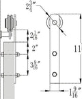 Technical diagram of Black Carbon Steel Barn Door Hardware Kit With 6 To 16 Ft Sliding Track And Rollers For Double Doors I Shaped Design.