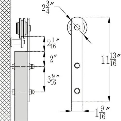 Technical diagram of Black Carbon Steel Barn Door Hardware Kit With 6 To 16 Ft Sliding Track And Rollers For Double Doors I Shaped Design.