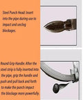 Heavy Duty Steel Drain Snake Strip Five Centimeters Wide Sixty Five Feet Long For Stubborn Sewer Clogs Clearing showing steel punch head and grip handle.