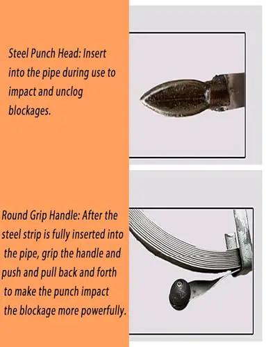 Heavy Duty Steel Drain Snake Strip Five Centimeters Wide Sixty Five Feet Long For Stubborn Sewer Clogs Clearing showing steel punch head and grip handle.