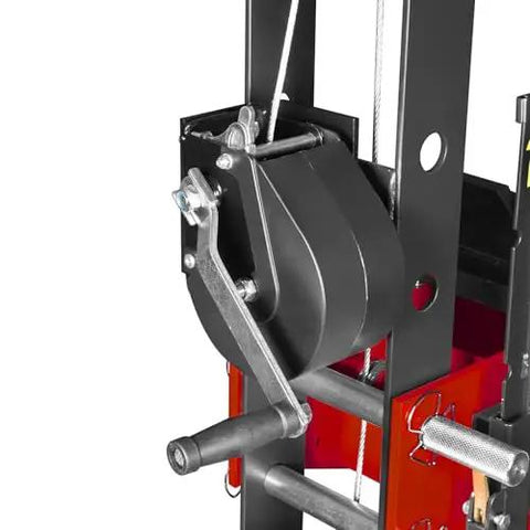 Close-up of hand winch and pin kit on Beefy 30 Ton H Frame Air Hydraulic Shop Press With Hand Winch And Pin Kit Fully Welded Steel Frame.