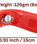 Razor sharp carpet knife weighing 126gm, 5.91 inches long, red handle, part of High Performance Carpet Patch Repair Kit With Five Inch Star Wheel Seam Roller Sixteen Foot Double Sided Joining Tape And Razor Sharp Carpet Knife For Zero Sweat Home Or Office Flooring Fixes That Feel Like New Again Every Single Time.