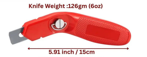 Razor sharp carpet knife weighing 126gm, 5.91 inches long, red handle, part of High Performance Carpet Patch Repair Kit With Five Inch Star Wheel Seam Roller Sixteen Foot Double Sided Joining Tape And Razor Sharp Carpet Knife For Zero Sweat Home Or Office Flooring Fixes That Feel Like New Again Every Single Time.