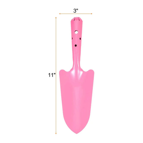 Close-up of pink 11-inch garden trowel from Two Pack Mini Colorful Metal Garden Shovels Set 11 Inch Hand Trowels For Planting Transplanting Soil Digging Weeding In Small Pots Durable Iron Tools With Bright Pink Finish, showing hollow handle and hanging hole.