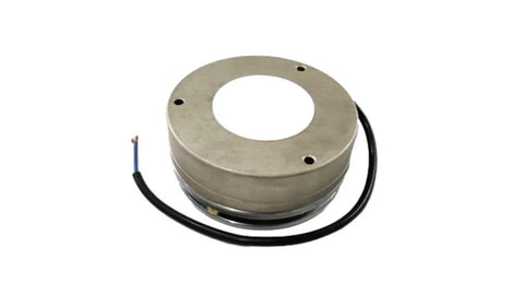 Forklift electromagnetic brake, round metal housing with central bore and mounting holes, with attached black lead.