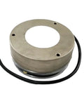 Electromagnetic brake for forklift handling equipment; round metal housing with central bore and attached black cable.