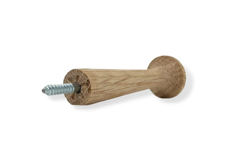 Side view of a 3 Inch Oak Hardwood Shaker Peg with Screw On Hanger Bolt for Hanging Arts and Crafts DIY Woodworking, showing sanded oak grain.