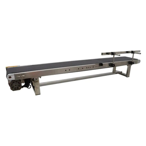 Desktop PVC Conveyor Belt System with stainless steel frame, adjustable speed, 59 inch long, 7.8 inch wide black belt.