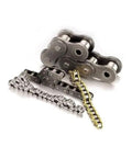 Heavy Duty Precision Double Pitch Conveyor Chain Featuring Carbon Steel Connecting Link One Point Five Inch Pitch parts in silver and gold.