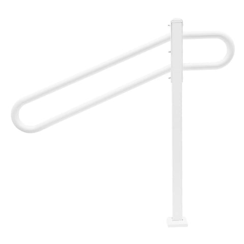 Heavy Duty Iron Wall Mounted Handrail And Outdoor Stair Railing Featuring Reinforced Frame And Non Slip Grip Built Tough For Elderly Safety And Kid Safe Support On Porch Or Steps With Rock Solid Construction, white steel construction.